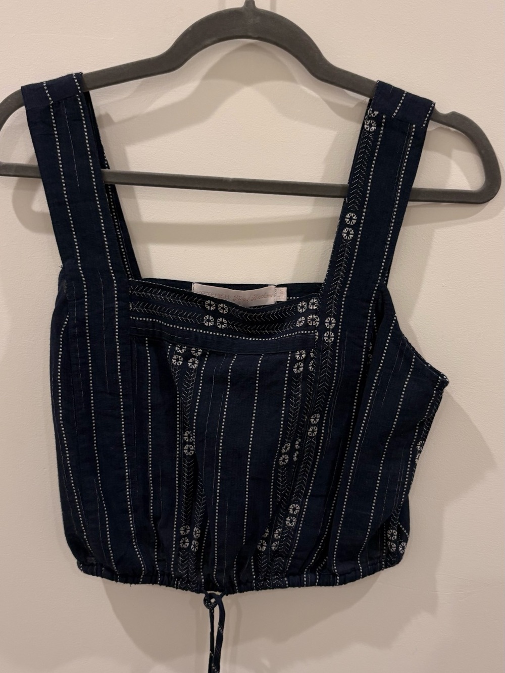 Kittenish Navy Blue Striped Embroidered Crop Top